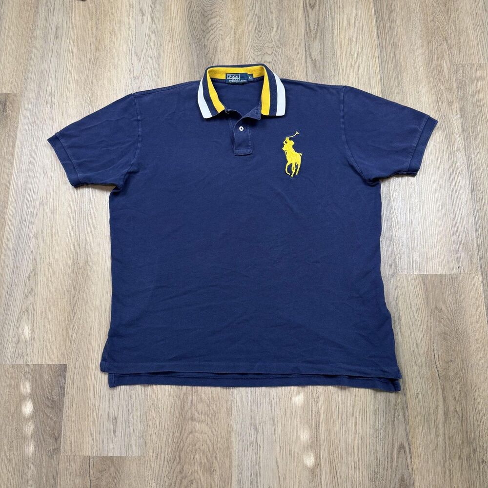 Polo By Ralph Lauren Polo Shirt Mens XL Blue Big Pony Yellow Logo